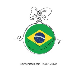 Kontinuierliche 1-zeilige Zeichnung des Weihnachtsballs mit der Flagge der Föderativen Republik Brasilien Fahndungssymbol des neuen Jahres in Silhouette auf weißem Hintergrund. Linear stilisiert.