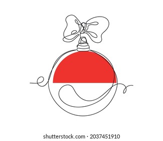 Continuous one line drawing of christmas ball with Indonesia flag new year concept icon in silhouette on a white background. Linear stylized.
