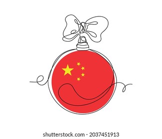 Dibujo continuo de una línea de bola de navidad con bandera china icono de concepto de año nuevo en silueta sobre un fondo blanco. Linear estilizado.