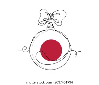 Continuous one line drawing of christmas ball with Japan flag new year concept icon in silhouette on a white background. Linear stylized.
