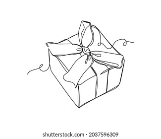 Dibujo continuo de una línea de navidad o caja de regalo de año nuevo o cumpleaños en silueta sobre un fondo blanco. Linear estilizado.