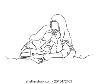 Continuous one line drawing of Christmas nativity scene Mary with baby Jesus icon in silhouette on a white background. Linear stylized.