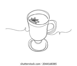 Un contínuo dibujo de una línea de navidad de vino asado en silueta sobre un fondo blanco. Linear estilizado.
