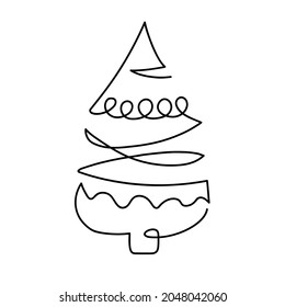 Continuous one line drawing Christmas tree. Abstract decorated spruce by one line. Simple modern symbol for Winter holidays, merry christmas and happy new year decoration. Fashionable trend vector