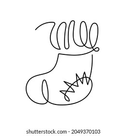 Continuous one line drawing Christmas gift sock. Abstract hand drawn stocking by one line. Simple modern symbol for Winter holidays, merry christmas, happy new year decoration Fashionable trend vector