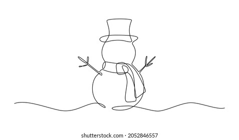 Continuous one line drawing of christmas Snowman in hat with scarf. Cute Winter character in doodle style. Liner Vector illustration