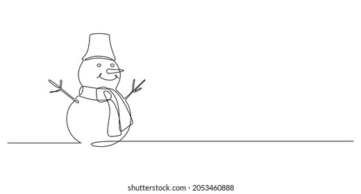 Continuous one line drawing of christmas Snowman in hat with scarf. Funny Winter character in doodle style. Liner Vector illustration