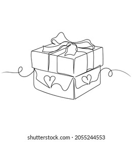 Kontinuierliche Zeichnung eines Weihnachtsgeschenkbox in Silhouette auf weißem Hintergrund. Linear stilisiert.