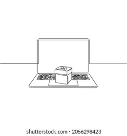 Continuous one line drawing of christmas gift box on a laptop new year celebration concept in silhouette on a white background. Linear stylized.