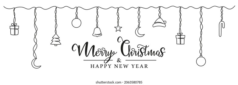 Continuous one line drawing of a Christmas toys hang on a rope. Christmas banner. Vector illustration
