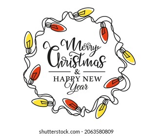 Continuous one line drawing of Christmas garland. Christmas light in the shape of a circle isolated on white background. Vector illustration