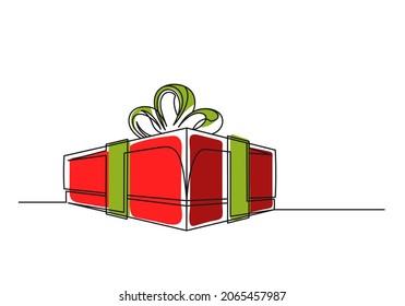 Continuous one line drawing of a Christmas gift box. Christmas red gift box isolated on white background. Vector illustration