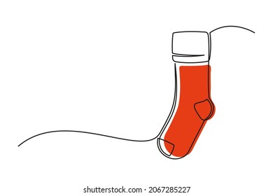 Dibujo continuo de una línea de calcetín de Navidad. Calcetín de Navidad en rojo aislado en fondo blanco. Ilustración del vector