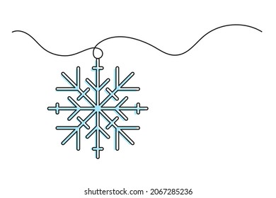 Continuous one line drawing of Christmas snowflake. Christmas snowflake of blue color isolated on white background. Vector illustration