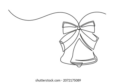 Continuous one line drawing of a Christmas bell and bow. Christmas bell and bow isolated on white background. Vector illustration