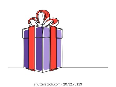 Continuous one line drawing of a Christmas gift box. Christmas violet gift box isolated on white background. Vector illustration