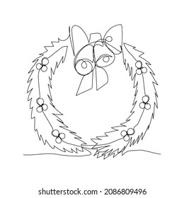 Continuous one line drawing of Christmas wreath. New Year seasonal decoration. Modern style vector illustration on isolated background.