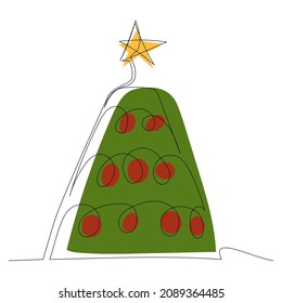 Dibujo continuo de una línea del árbol de abetos de Navidad. Decoración estacional de año nuevo. Ilustración vectorial de estilo moderno sobre fondo aislado.