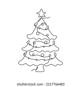 Continuous one line drawing Christmas tree and star  garland   decorations  Hand drawn Christmas tree isolated white background  Linear style  Vector illustration
