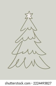 Continuous One Line Drawing of Christmas Tree on Green Background. Hand Drawn Simple Vector Illustration in Linear Modern Style. Perfect for Holiday Cards.