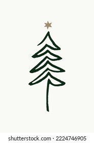 Continuous One Line Drawing Of Christmas Tree In Dark Green Color On Off-White Background. Hand Drawn Simple Vector Illustration In Linear Modern Style. Ideal For Holiday Greeting Cards.