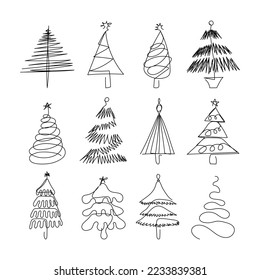 Continuous one line drawing of Christmas trees. Modern style vector illustration on isolated background.