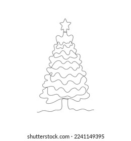 Continuous one line drawing of Christmas tree with decorations. New Year concept, fir tree made of one line in modern minimalist style for holiday cards. Vector illustration