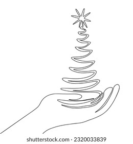 Kontinuierliche Zeichnung eines Weihnachtsbaums. Weihnachtskonzept minimalistisches Design für Logo einzeln auf weißem Hintergrund. Vektorgrafik