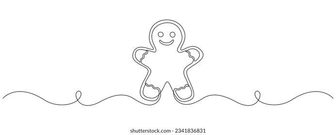 Continuous one line drawing of christmas gingerbread man. Homemade sweet cookie and biscuits in simple linear style. Editable stroke. Doodle vector illustration