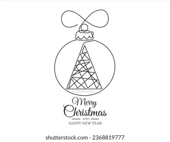 Continuous one  line drawing of Christmas tree toy ball with christmas tree inside. Christmas card. Merry Christmas concept 
