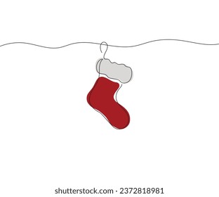Continuous one line drawing of Christmas sock. Christmas sock isolated on white background. Vector illustration