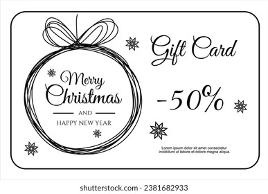 Continuous one  line drawing of Christmas tree toy ball. Christmas card. Merry Christmas concept. Gift card template for voucher coupon, shopping card, loyalty card. Vector design image