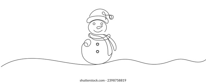 Continuous one line drawing of christmas Snowman in hat with scarf. Cute Winter character in doodle style. Liner Vector illustration