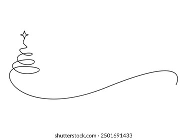 Continuous one line drawing of Christmas tree with star on top. Isolated on white background vector illustration