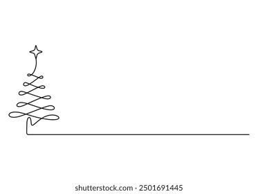 Continuous one line drawing of Christmas tree with star on top. Isolated on white background vector illustration
