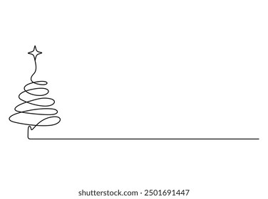 Continuous one line drawing of Christmas tree with star on top. Isolated on white background vector illustration
