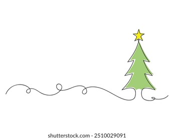 Continuous one line drawing of christmas tree with star isolated vector illustration on white background.