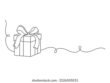 Continuous one line drawing of Christmas gift box. Isolated on white background vector illustration