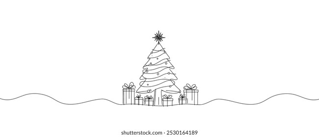 Continuous one line drawing of christmas tree and gift. Merry christmas concept, vector illustration