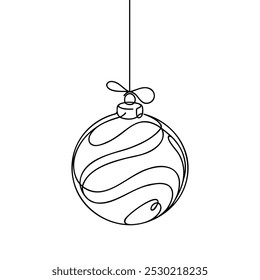 Continuous one line drawing of Christmas ball. Christmas ball isolated on white background. Vector illustration.