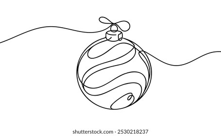 Continuous one line drawing of Christmas ball. Christmas ball isolated on white background. Vector illustration.