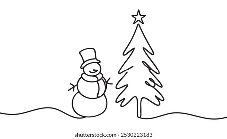 Dibujo continuo de una línea de árbol de Navidad y muñeco de nieve en sombrero con bufanda. Ilustración vectorial de línea.