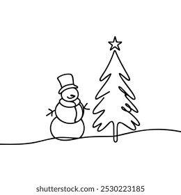 Dibujo continuo de una línea de árbol de Navidad y muñeco de nieve en sombrero con bufanda. Ilustración vectorial de línea.