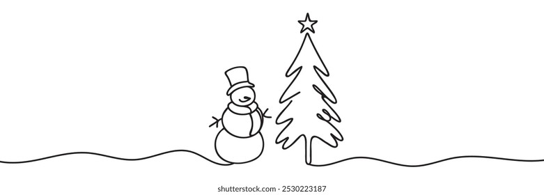 Desenho contínuo de uma linha de árvore de Natal e boneco de neve com cachecol. Ilustração de vetor de linha.