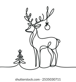 Dibujo continuo de una línea de Navidades de ciervo. Logotipo de Impala. Ilustración vectorial
