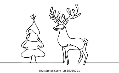 Continuous one line drawing of Christmas deer. Impala logo. Vector illustration
