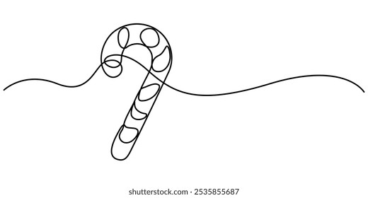 Continuous one line drawing of Christmas candy. Christmas red candy cane isolated on white background. Vector illustration, Continuous one line drawing of Christmas candy. Christmas red candy cane