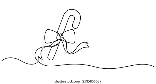 Continuous one line drawing of Christmas candy. Christmas red candy cane isolated on white background. Vector illustration, Continuous one line drawing of Christmas candy. Christmas red candy cane