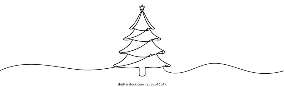 Continuous one line drawing Christmas Tree Vector Icon, Happy Xmas Monoline Spruce, New Year Pines Holiday Silhouettes, One Line Christmas Tree Shapes Illustration