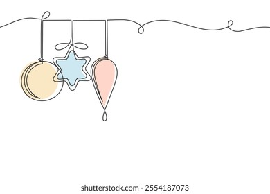 Continuous one line drawing of Christmas tree decorations. Holiday illustration, line art, greeting card